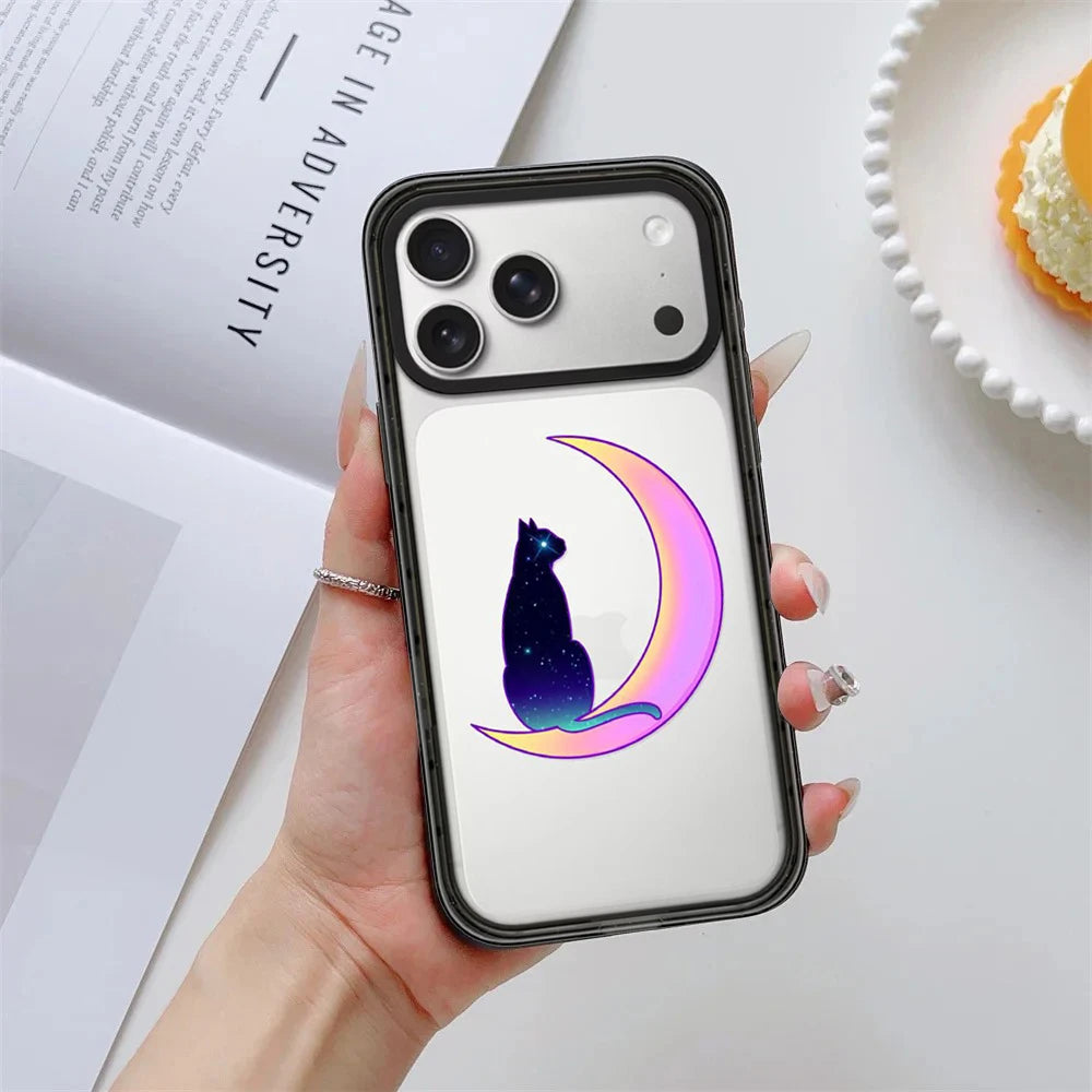 Cat Cloud Moon Pattern Impact Black Border Magnetic Phone Case Cover for IPhone 13 14 15 16 17 18 Pro Max Case Quake