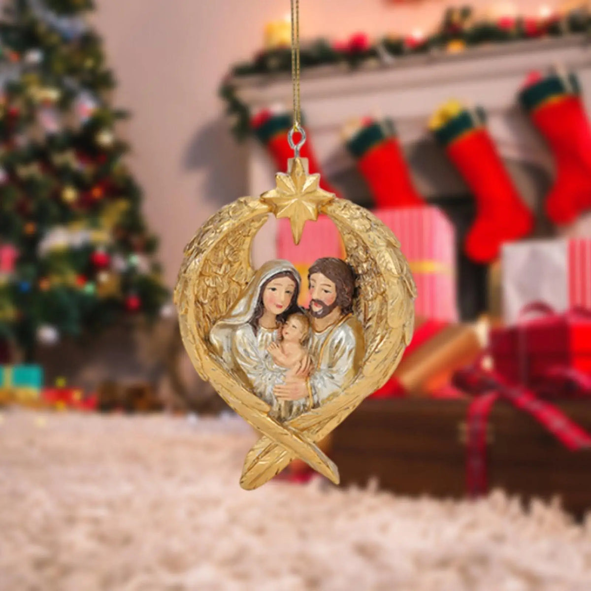 Xmas Hanging Decoration for Holiday Party Decor Accessories Holy Family with Angel Wing Figurine Birth of Jesus Resin Statue Quake