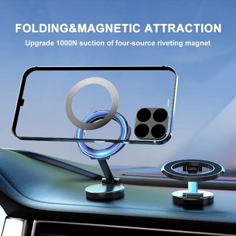 Zinc Alloy Folding Magnetic Car Compact Cell Phone Holder for MagSafe 360° Adjustable Magnetic Car Mount for iPhone 16/15/14/13 Quake