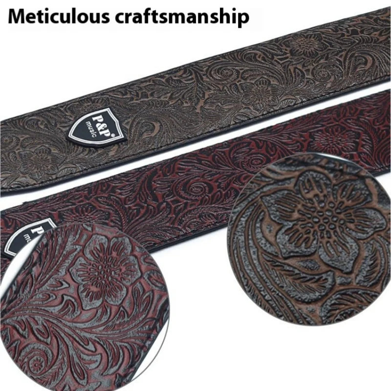 2.5 Inch Guitar Strap Genuine Faux Leather Adjustable Soft Embroidered Belt For Classical Bass Music Hobby Guitar Accessories Quake