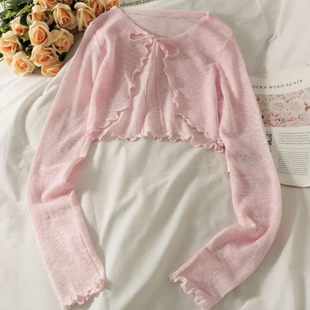 Thin Sunscreen Cardigan Ruffle Design Long Sleeve Sun Protected Polyester Sunscreen Clothing Short Coat Casual Women Quake Pink