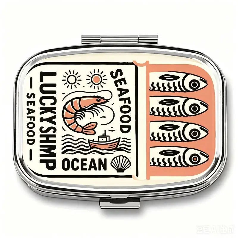 1Pcs 2-Compartment Retro Sardine Print Pill Box Metal Mini Organizer For Women Travel Jewelry Medicine Candy Storage Quake A13