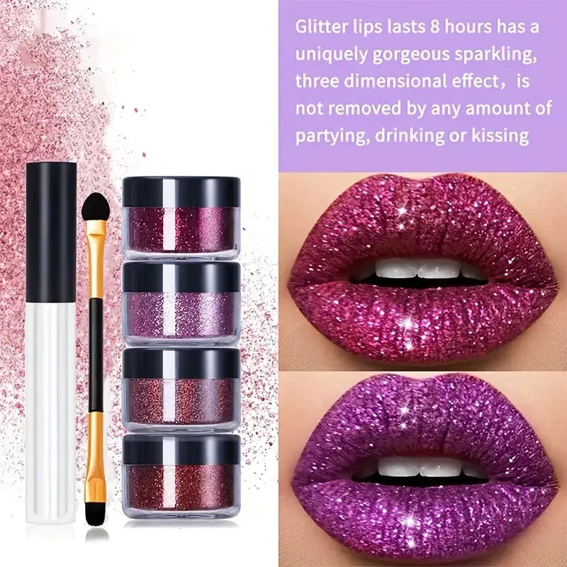 4Color Glitter Lip Kit-Long-Lasting Glitter Lipstick with Base and Brush,Multi-Use Lips,Face,Body,Eye,Hair-Adults,All Skin Types Quake