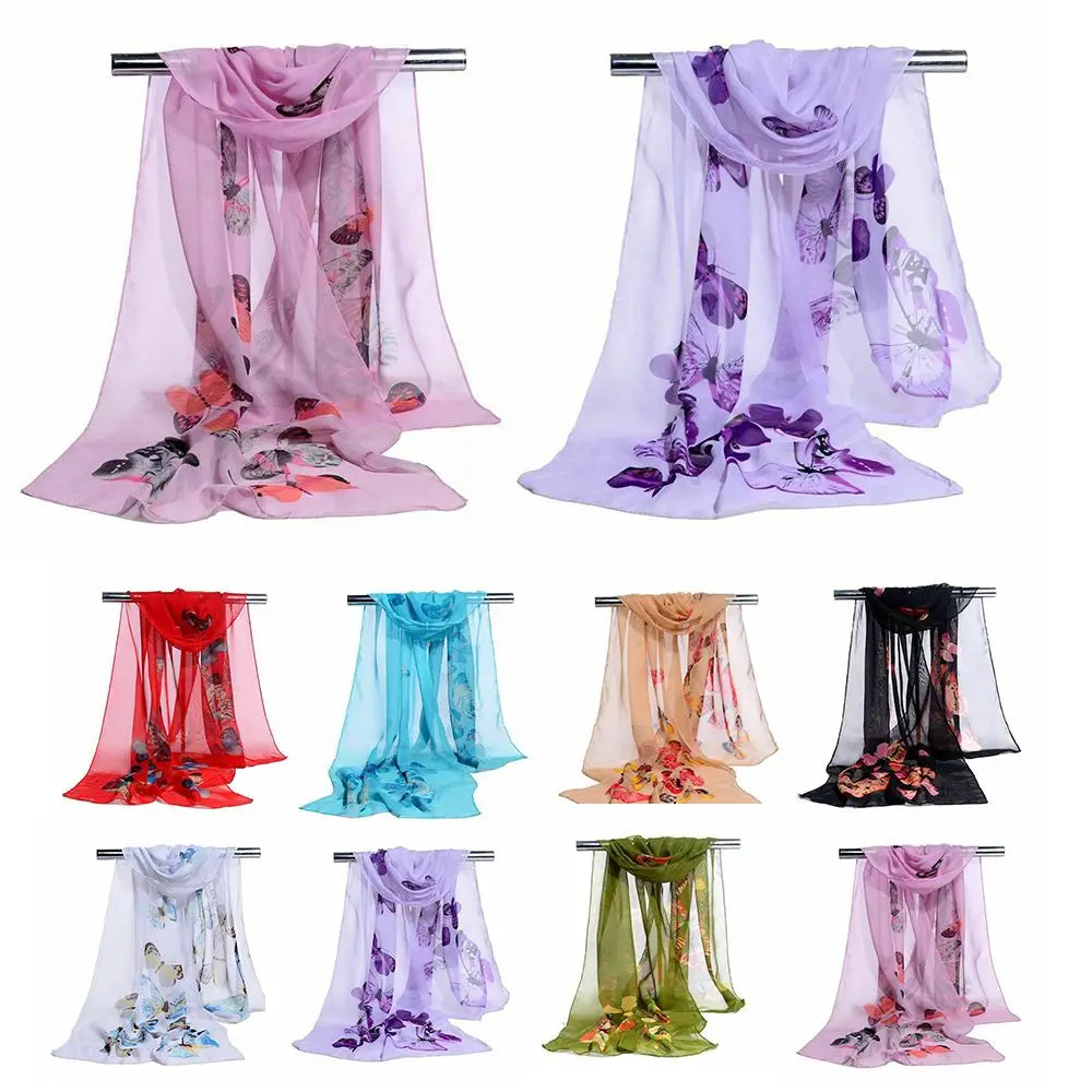 New Trendy Elegant Silk Scarves Women's Butterfly Flower Print Long Chiffon Scarf Soft Wrap Lady Shawl Fashion Accessories Quake
