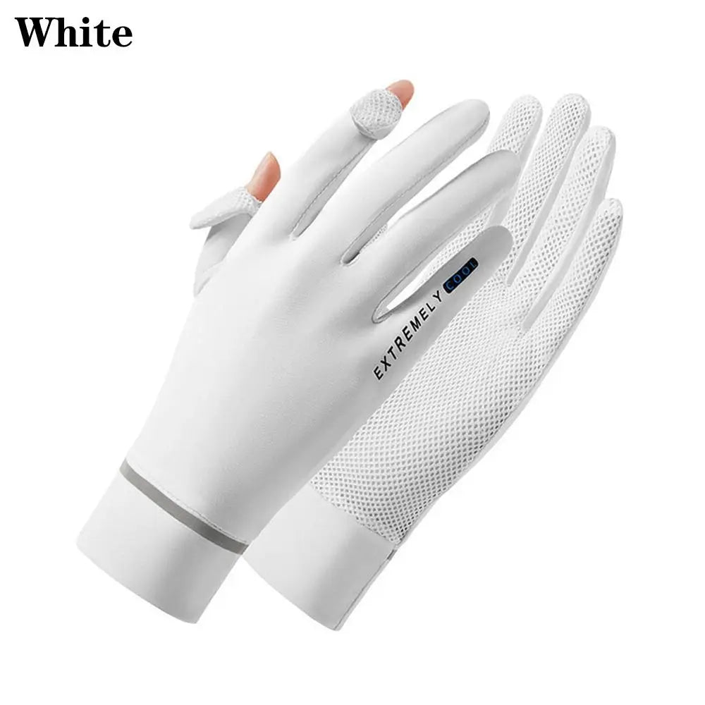 Women Female Thin Sunscreen Anti-UV Gloves Mittens Ice Silk Gloves Sun Protection Gloves Quake white