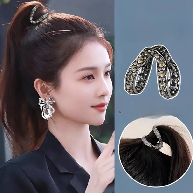 Rhinestone Mini Ponytail Clip Women Girls Small Fashion Anti-Drooping Metal High Ponytail Hair Claw Headdress Hair Accessories Quake