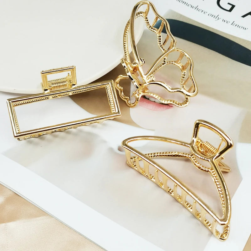 Women's Elegant Gold Metal Geometric Hair Clips Fashion Vintage Bathing Grip Claw Clips Barrette Hair Styling Tool Ponytail Clip Quake