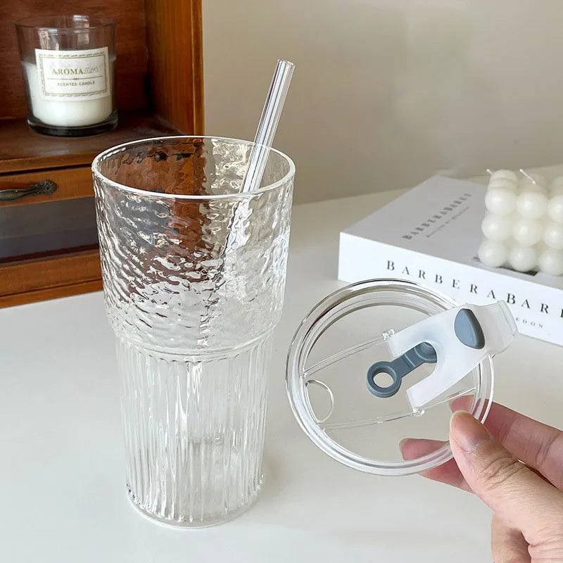 YWDL 600ml Stripe Glass Cup with Lid And Straw Transparent Milk Tea Juice Cup Drinking Glasses Ice Water Coffee Mug Bar Quake