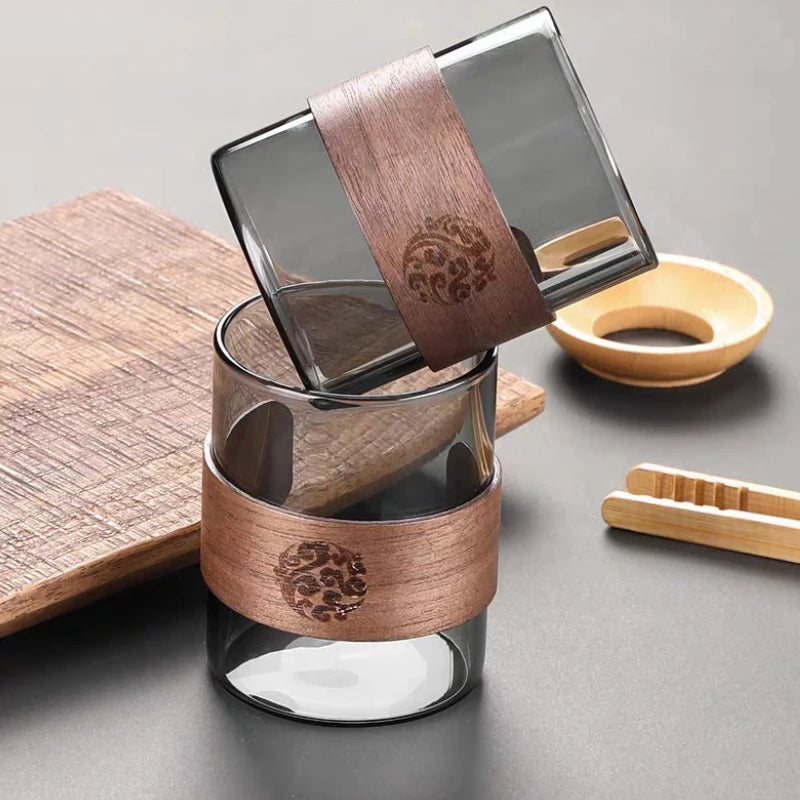 Thickened Glass Tea Cup with Wooden Ring Heat-resistant and Heat-resistant Water Cup Master Cup Household Glass Cup Coffee Cup Quake