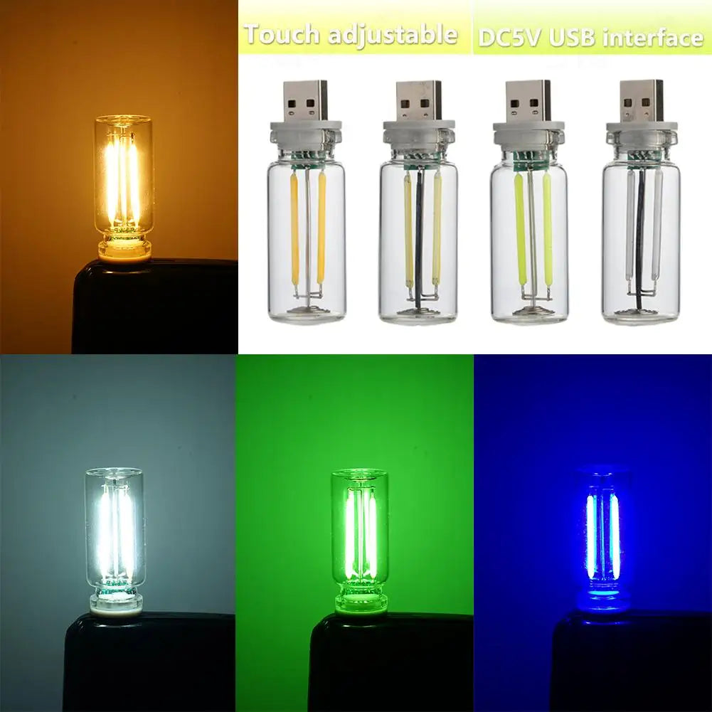 Car USB Night Light Touch control Dimmable LED Filament Lamp USB Plug and Play Decorative Atmosphere Light for Car Bedroom Quake