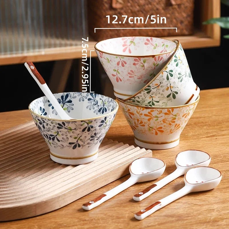 5 Inch Colorful Floral Ceramic Cone Bowls Vintage Japanese Porcelain Rice Soup Bowl Oven Microwave Safe Household Tableware Quake