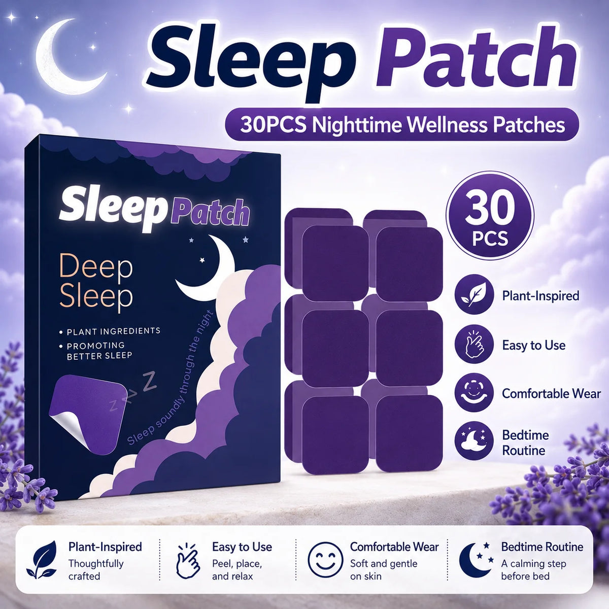30PCS Sleep Patch Nighttime Wellness Patch Plant-Inspired Comfortable Night Patch for Bedtime Routine Travel Home Quake