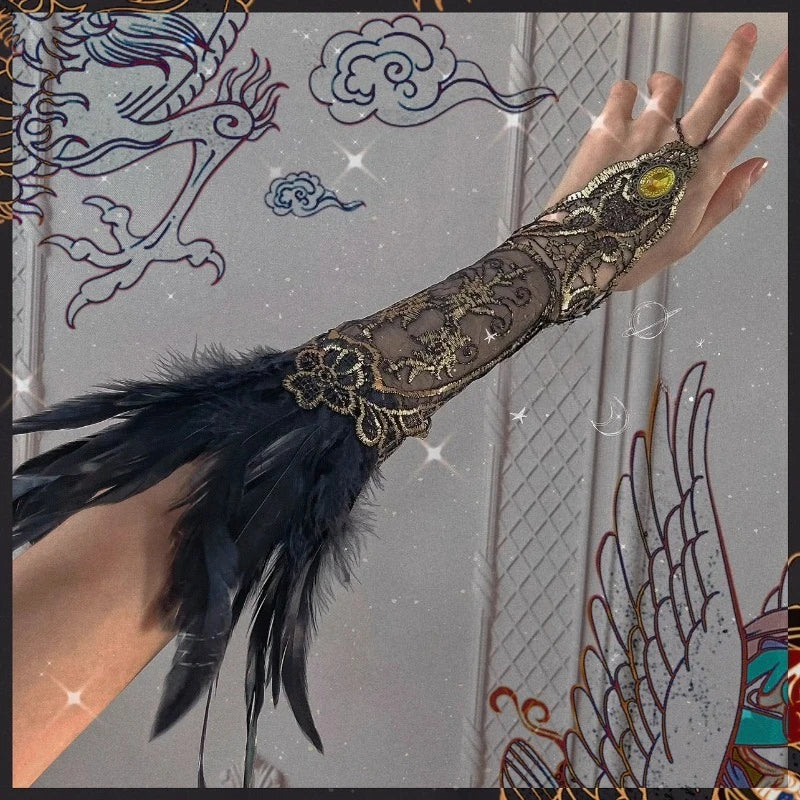 Retro Black and White Feather Lace Handguard Exotic Style Lolita Hanfu Ancient Style Styling Matching Quake