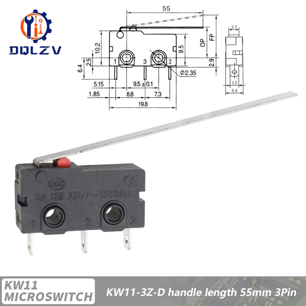 5A 125V250V KW12 Travel Limit Switch KW11-3Z-2 With Handle 16mm Contact Button Micro switch KW12-N 2Pin/3Pin KW12-A NO/NC Quake Lever 55MM 15PCS