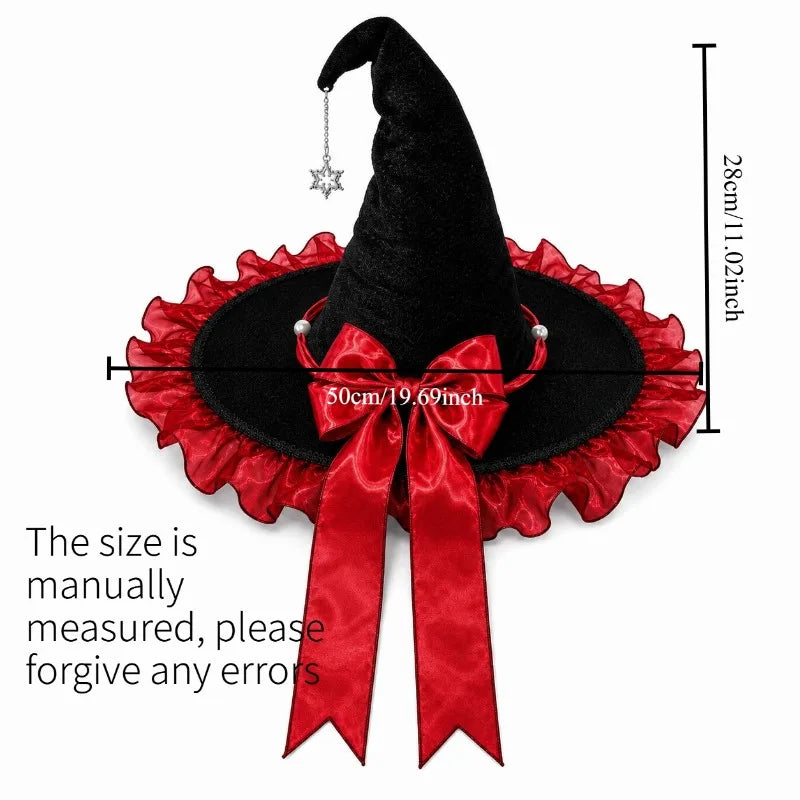 Halloween Witch Wizard Party Hat Black Purple Bow Gothic Lolita Cosplay Costume Headwear for Festival Party Decoration Quake Red