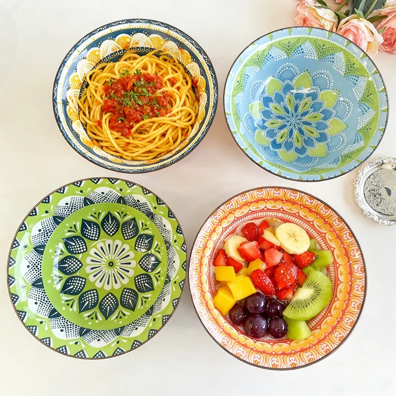 1/4-Piece Bohemian Ceramic Soup Bowl Set, 8-Inch Microwave & Dishwasher Safe, Ramen Pasta Salad Bowl Quake