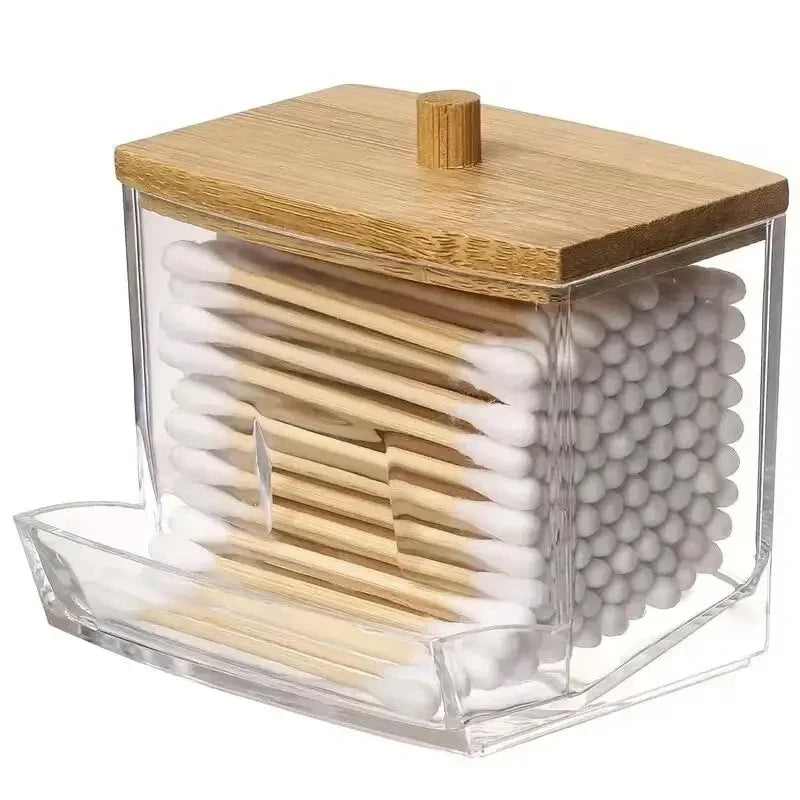 Organize Box Double Head Cotton Swab Storage Box Cotton Container Transparent Square Bamboo Cover Cotton Swab Toothpick Quake