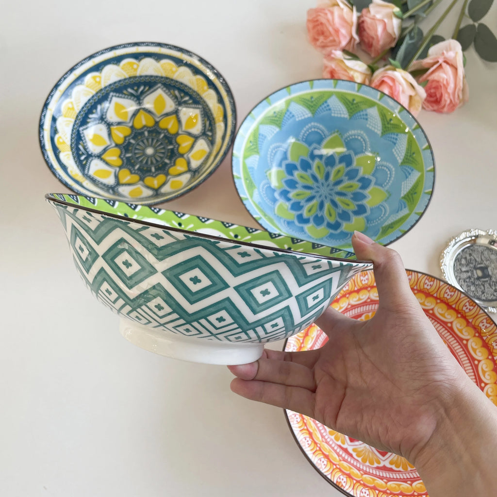1/4-Piece Bohemian Ceramic Soup Bowl Set, 8-Inch Microwave & Dishwasher Safe, Ramen Pasta Salad Bowl Quake