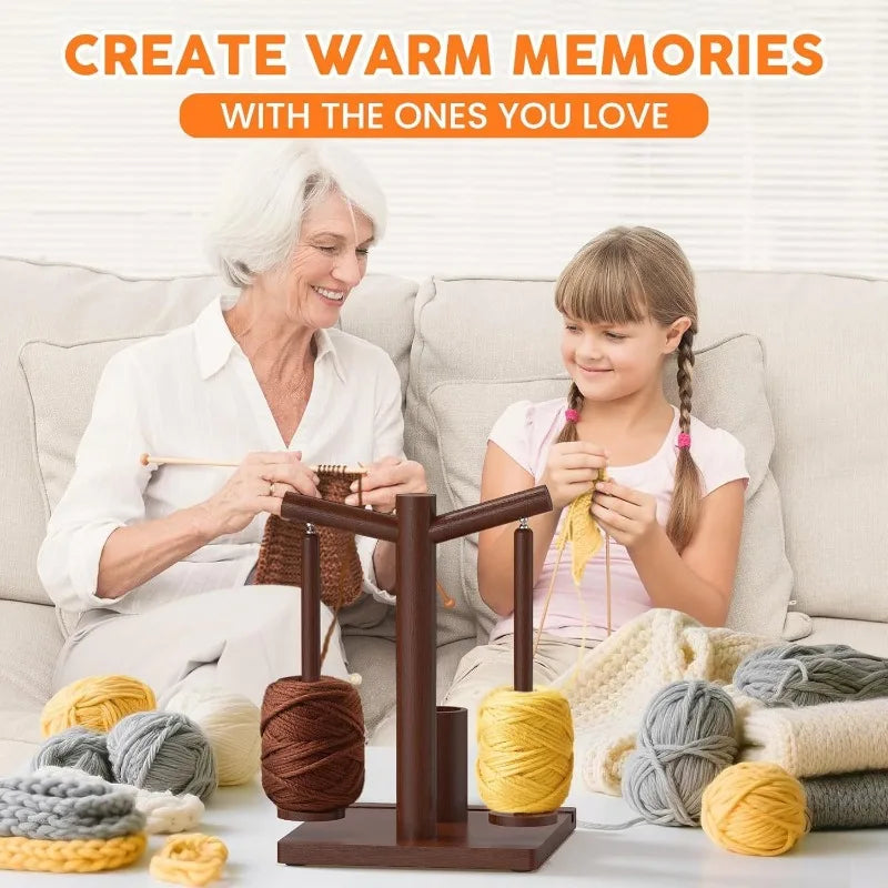 Wooden Yarn Winder Stand Rotating Double Head with Phone Holder for Knitting Crochet Thread Ball Organizer Craft Spindle Crafter Quake