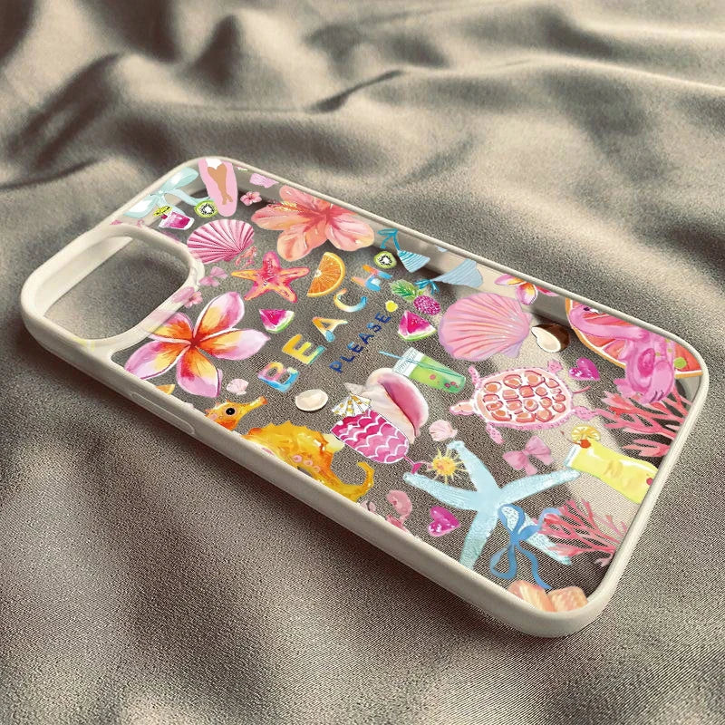 Tropical Summer Beach Clear Case for iPhone 16 12 13 mini 11 14 15 Pro Max XR 7 8 Plus Seashell Hibiscus Fruit shockproof Cover Quake