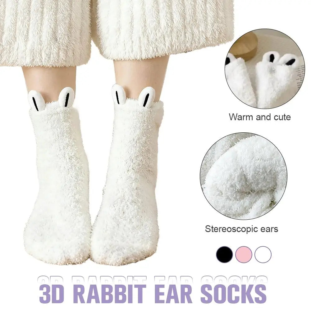 Women's Cartoon Cute Soft Three-dimensional Cute Rabbit Ears Coral Velvet Mid-tube Winter Thicken Lolita Home Warm Sleeping Sock Quake