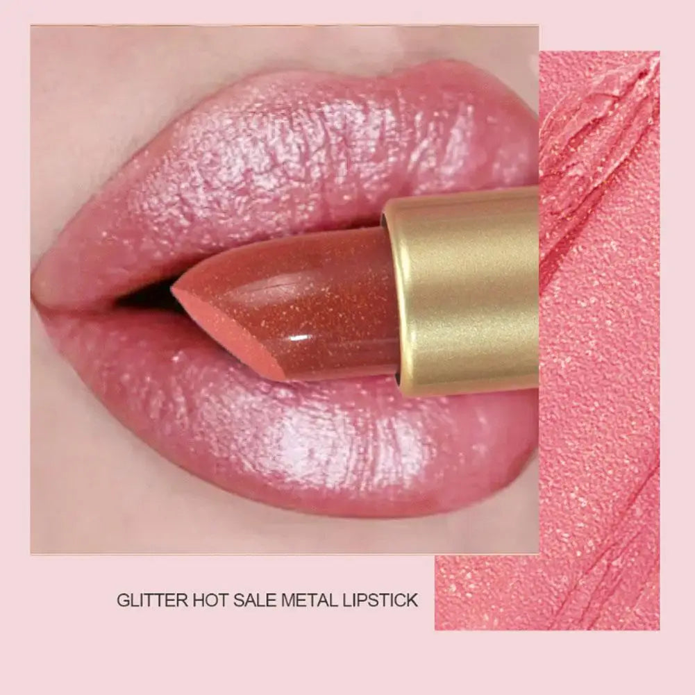 Nude Pink Glitter Lipstick for Women, Long Lasting High Shine Nude Shimmer Lipstick High Impact Full Coverage Sexy Lip Makeup Quake