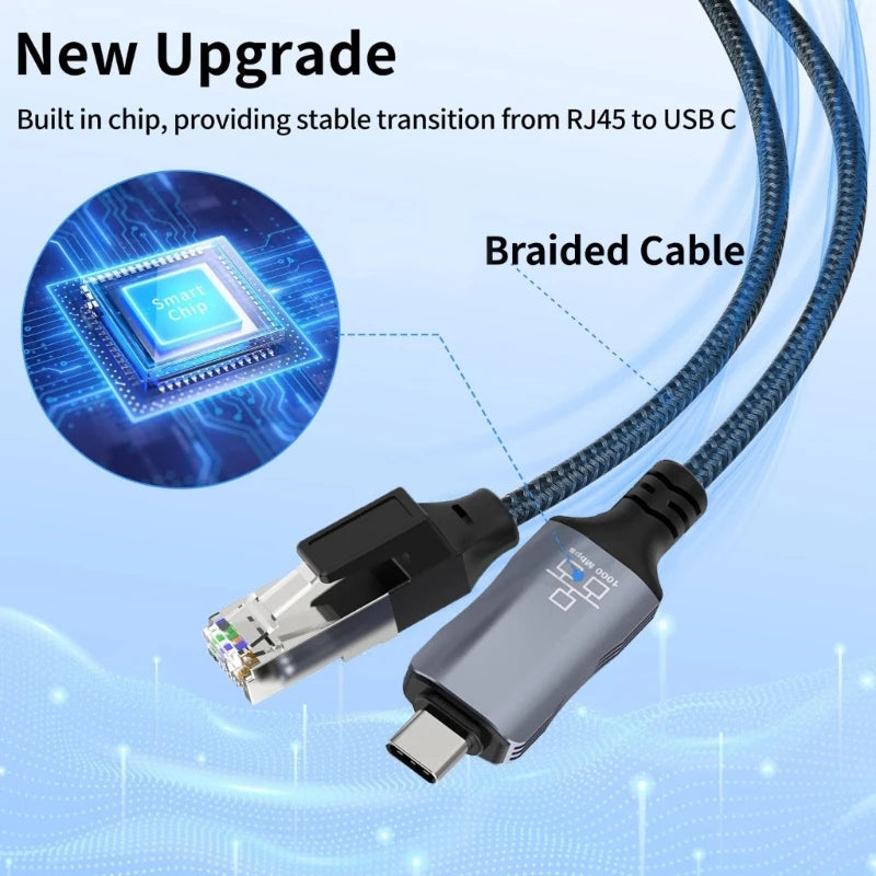 1.8m Long USB C to RJ45 Gigabit Ethernet Cable Braided Fast Speed Corded Internet Cord for Laptops Tablets K1KF Quake