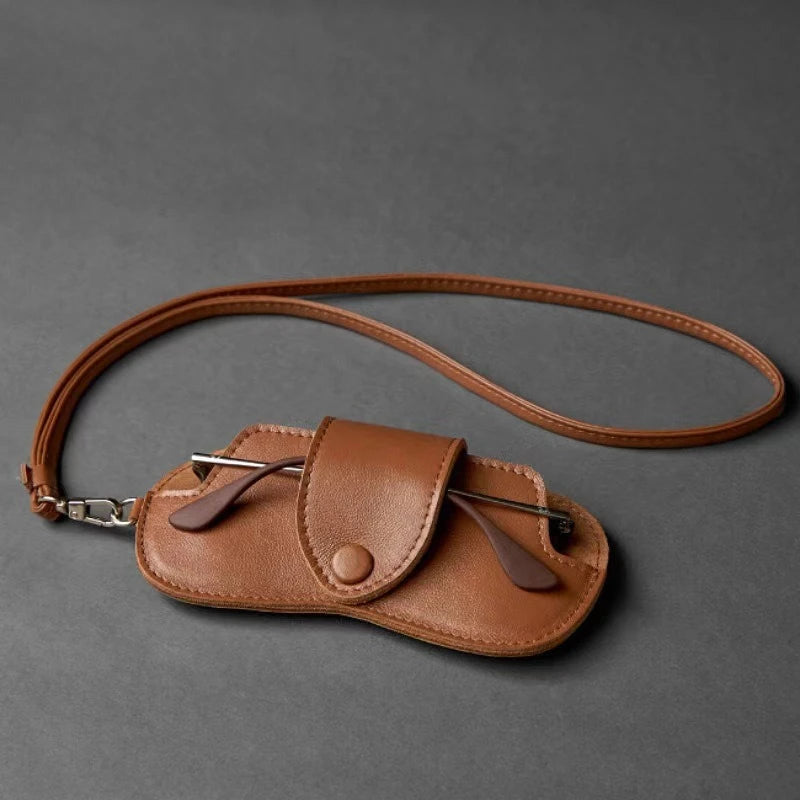 Outdoor Portable Neck Hanging Sunglasses Bag Leather Eyewear Storage Pouch Simple Anti-scratch Glasses Case for Business Quake