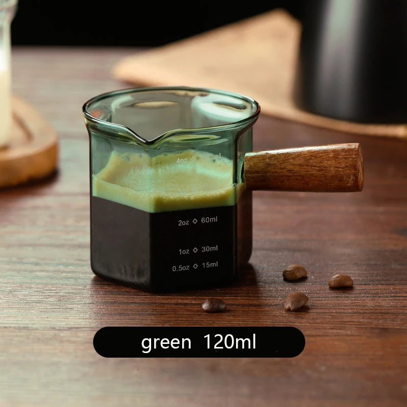 YWDL 120ml Glass Espresso Measuring Cup with Wood Handle Hexagon Milk Jug Coffee Supplies Sauce Cup Serving Pitcher Quake green 120ml