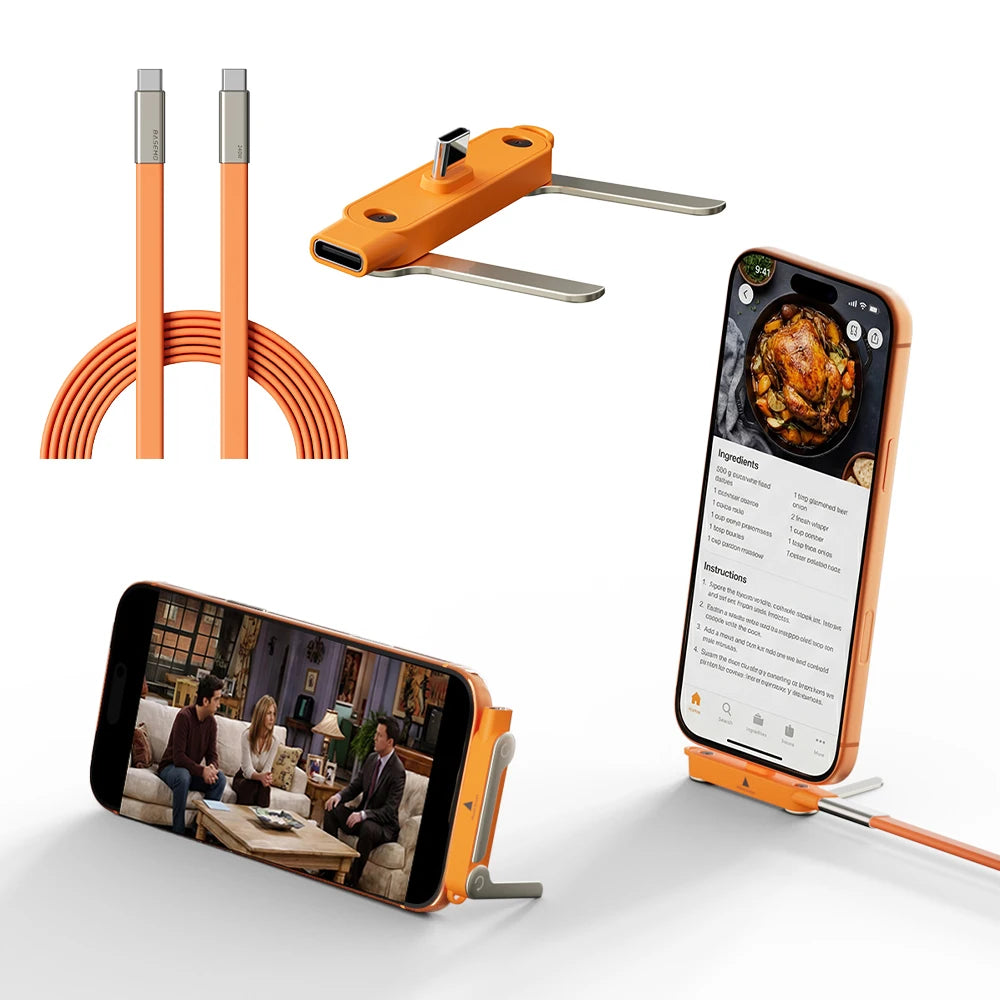 240W 2-in-1 Black/Orange Fast Charging Foldable Bracket Data Cable Type-C to Type-C Data Wire with Phone Tablet Stand Quake
