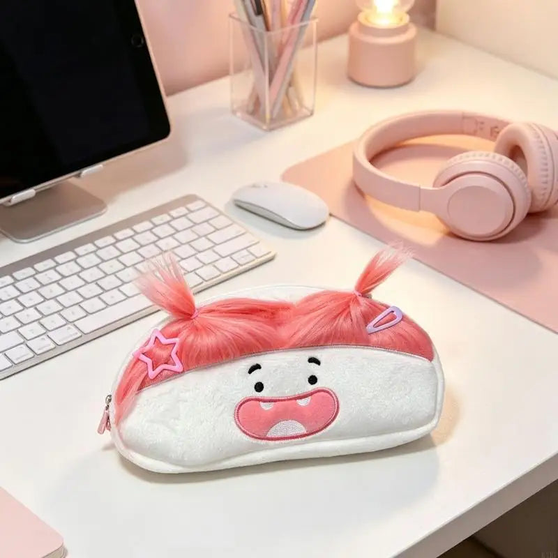 Plush Pencil Case with Soft Cotton Fabric and Playful Cartoon Face, Writing Tool Storage for Pencils, Erasers, Rulers and K1KF Quake CN