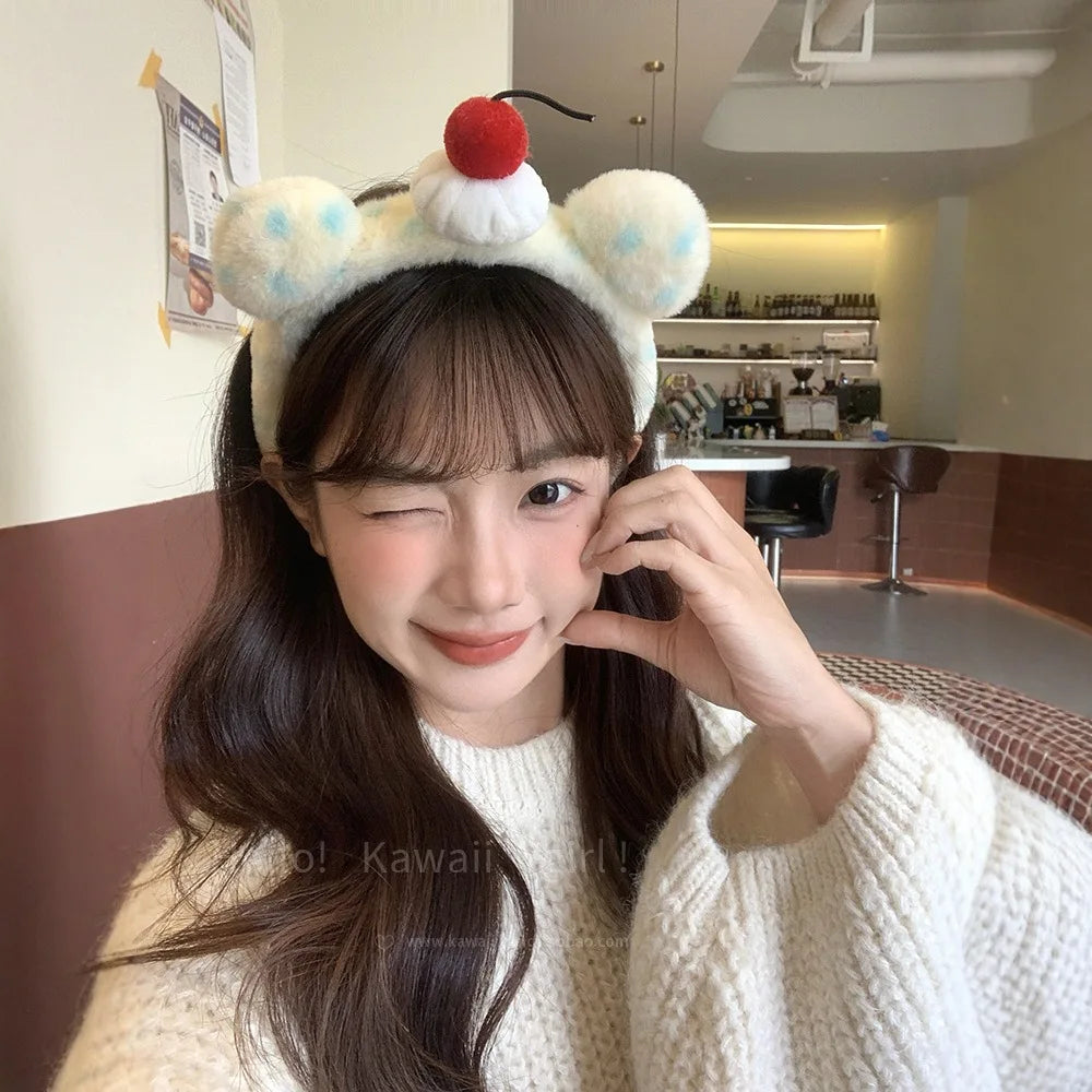 Cute Plush Cherry Bear Ear Headband Birthday Amusement Park Photo Wash Face Headband Sweet Cute Girls Hair Styling Accessories Quake