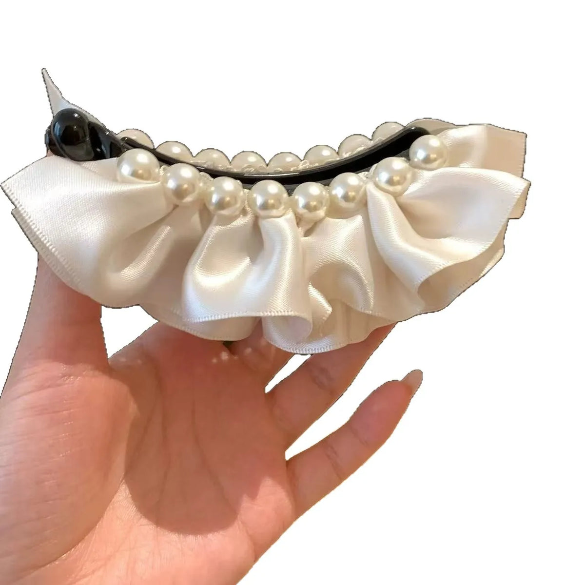 Solid Satin Pearl Pleated Banana Clip for Women Sweet Princess Back Head Ponytail Clip Vertical Clip Hair Styling Accessories Quake