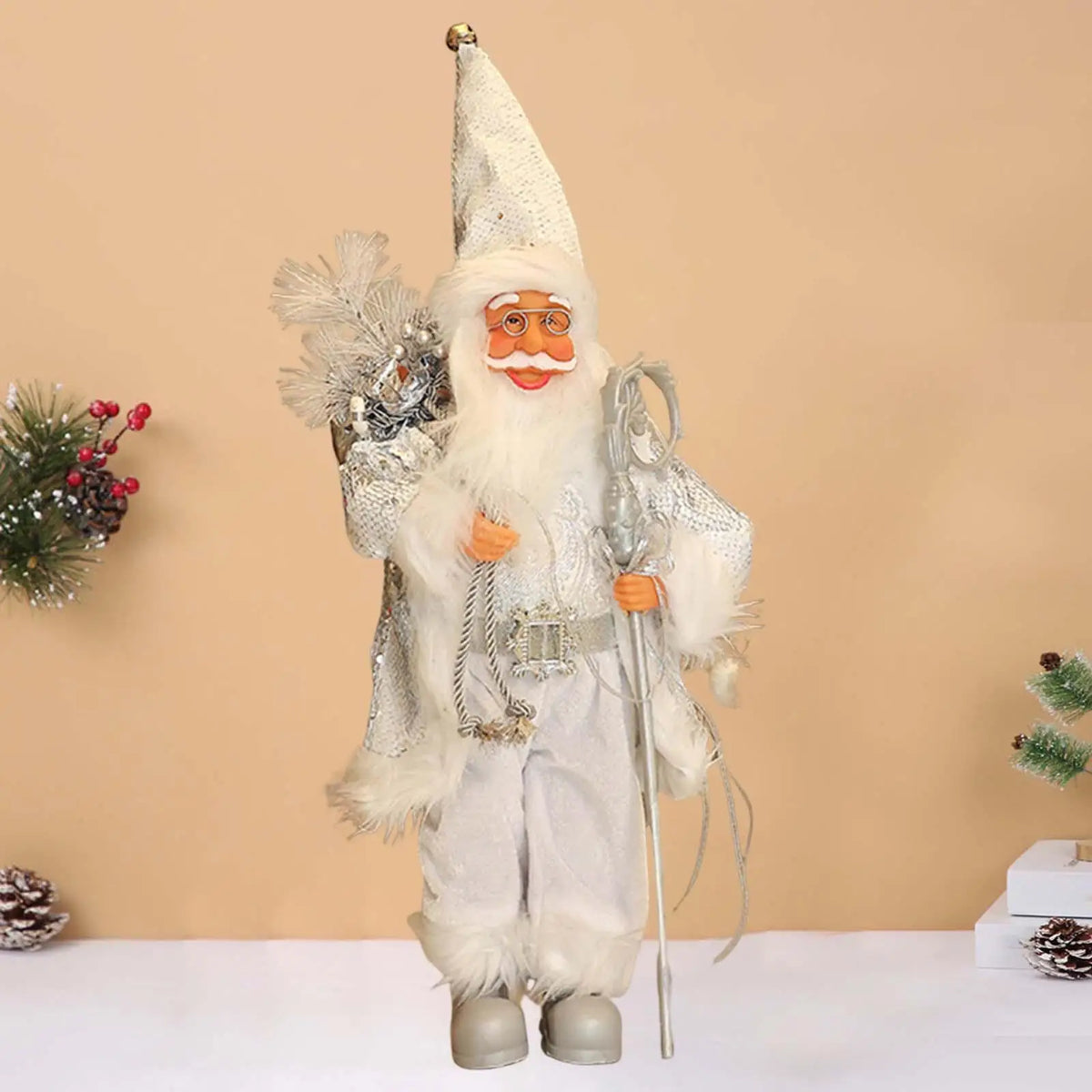 Santa Claus Figurine Xmas Party Ornament Santa Claus Figure for Bedroom Home Quake Silver sequins