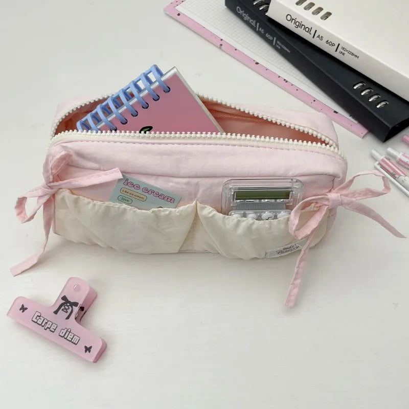 Small Fresh Cloud Toast Bow High Beauty Student Pen Case Multi Functional Large Capacity Storage Bag Quake