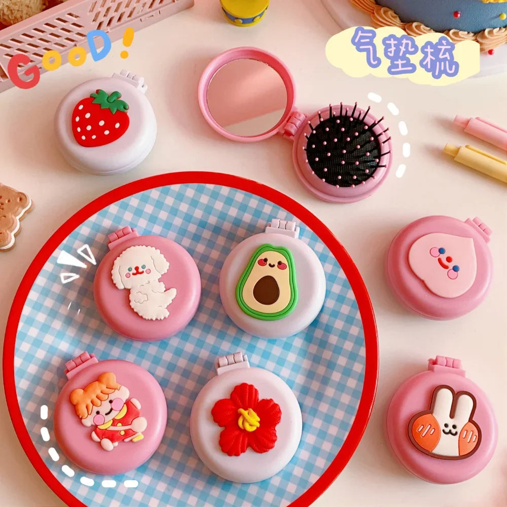 New Strawberry Folding Air Bag Combs with Mirrors Compact Pocket Size Travel Hair Brush Cosmetic Mirrors Head Massager Relaxing Quake