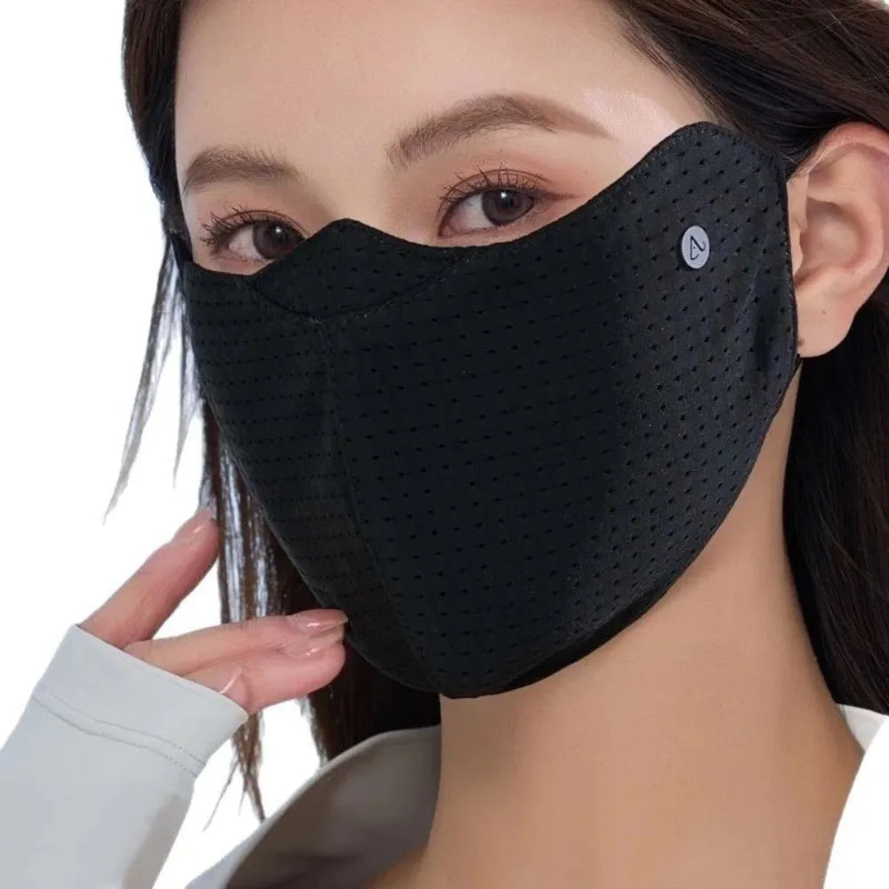 New Breathable Ice Silk Mask Washable Dustproof Anti-sun Mask Anti-UV Mesh Sunscreen Mask Unisex Quake Black