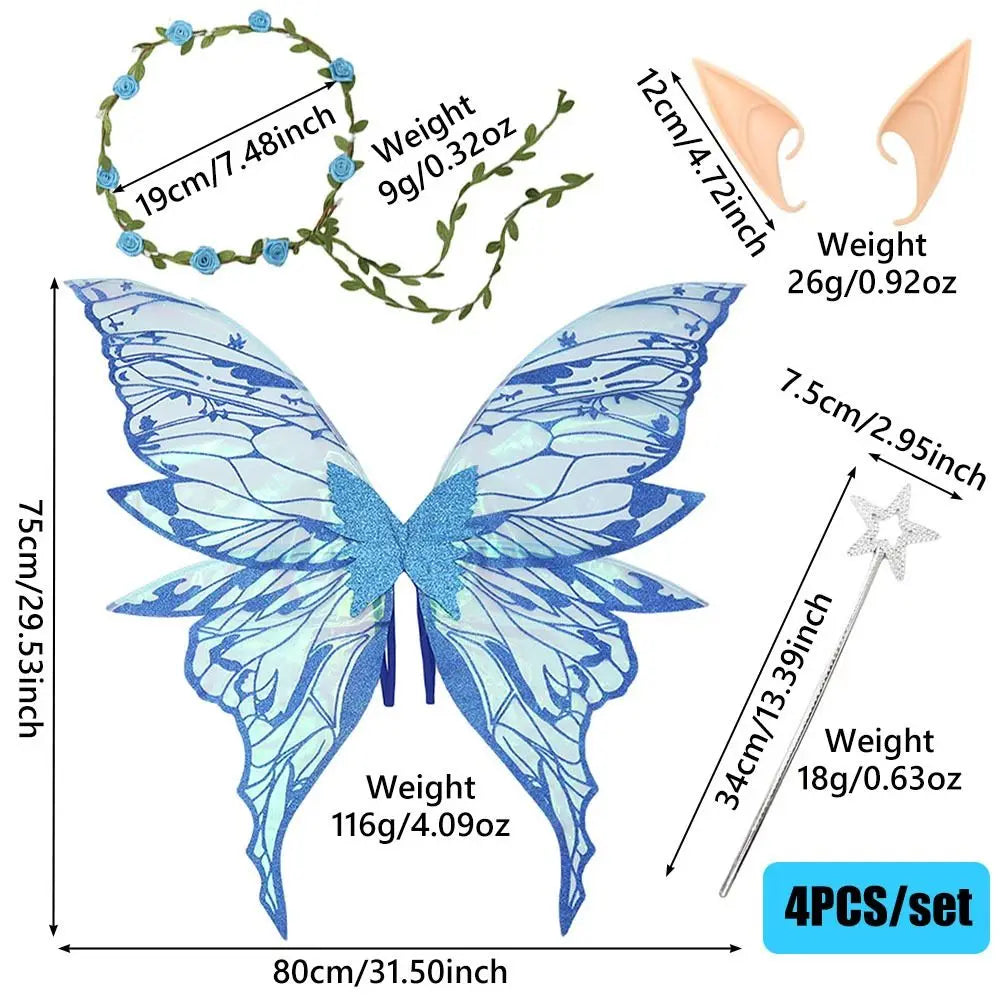 Flower Crown Fairy Costume Set Star Wand Gold Foil Fairy Butterfly Wings Dress-Up Elf Ears Sparkling Angel Wings for Kids Adults Quake
