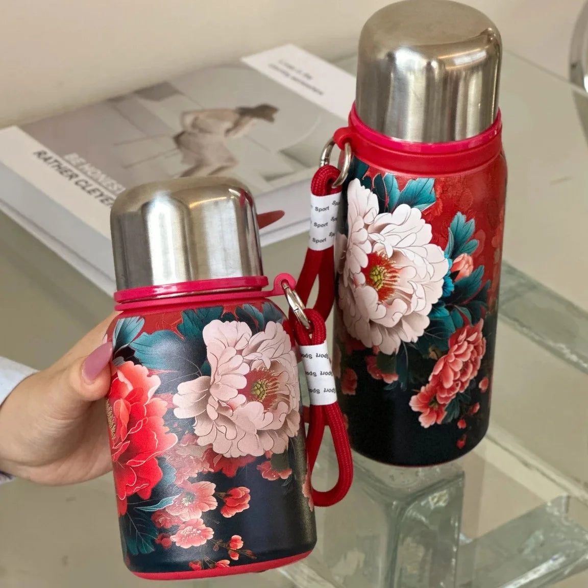 Retro and Bustling High-value Insulated Cup with Creative Rose Pattern Double-layer Water Cup Car Portable Drawstring Stew Cup Quake