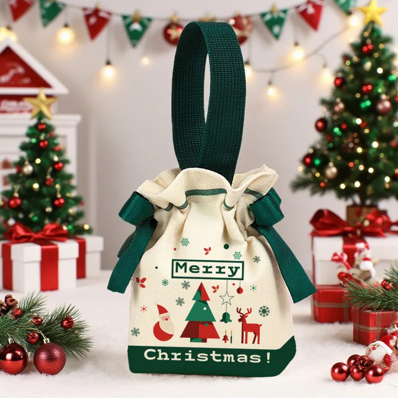 5/1PCS Christmas Candy Bags Drawstring Gift Bags Santa Claus Xmas Tree Cookies Packing Handbag New Year Xmas Table Decorations Quake 04 3PCS