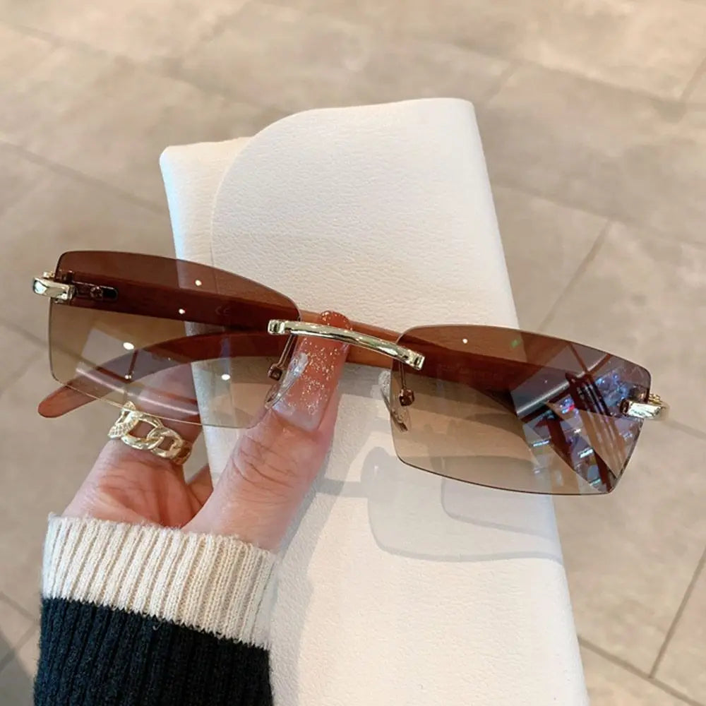 Trendy Punk Sunglasses Rimless Rectangle Sun Glasses for Women Men UV400 Driving Shades Fashion Frameless Gradient Eyewear Quake Gold-Tea