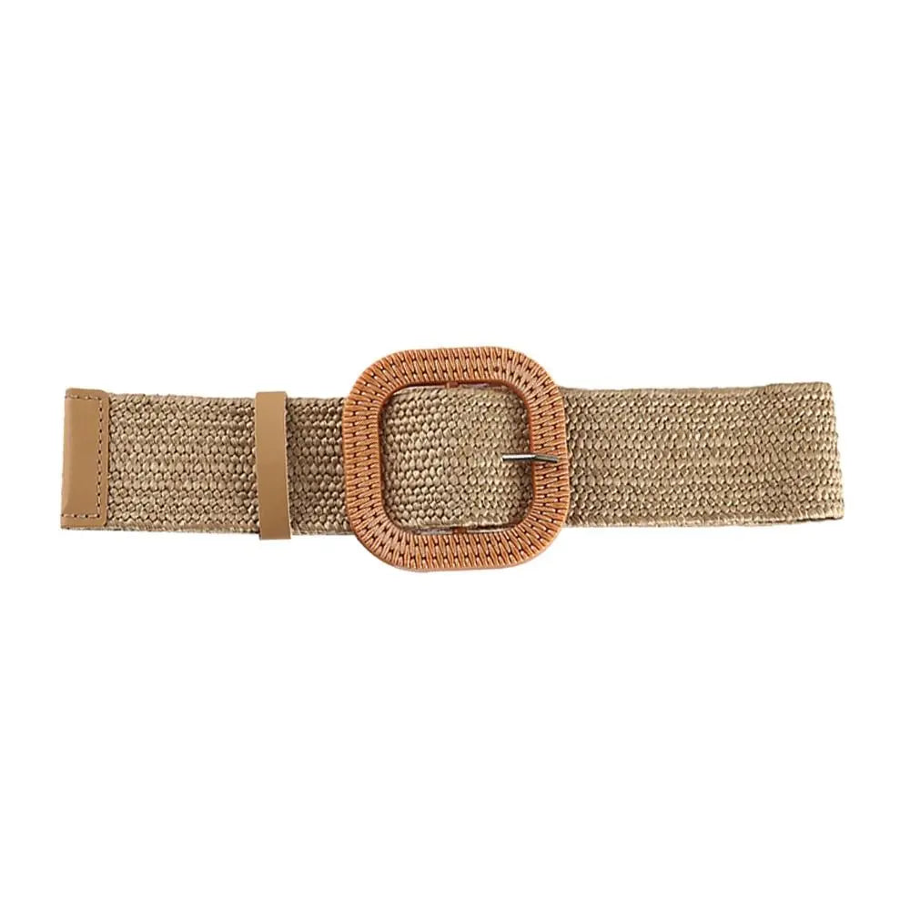 Summer Casual Elastic Braided Waistbelt Wide Straw Belt Waist Belt Quake Khaki-Style 2