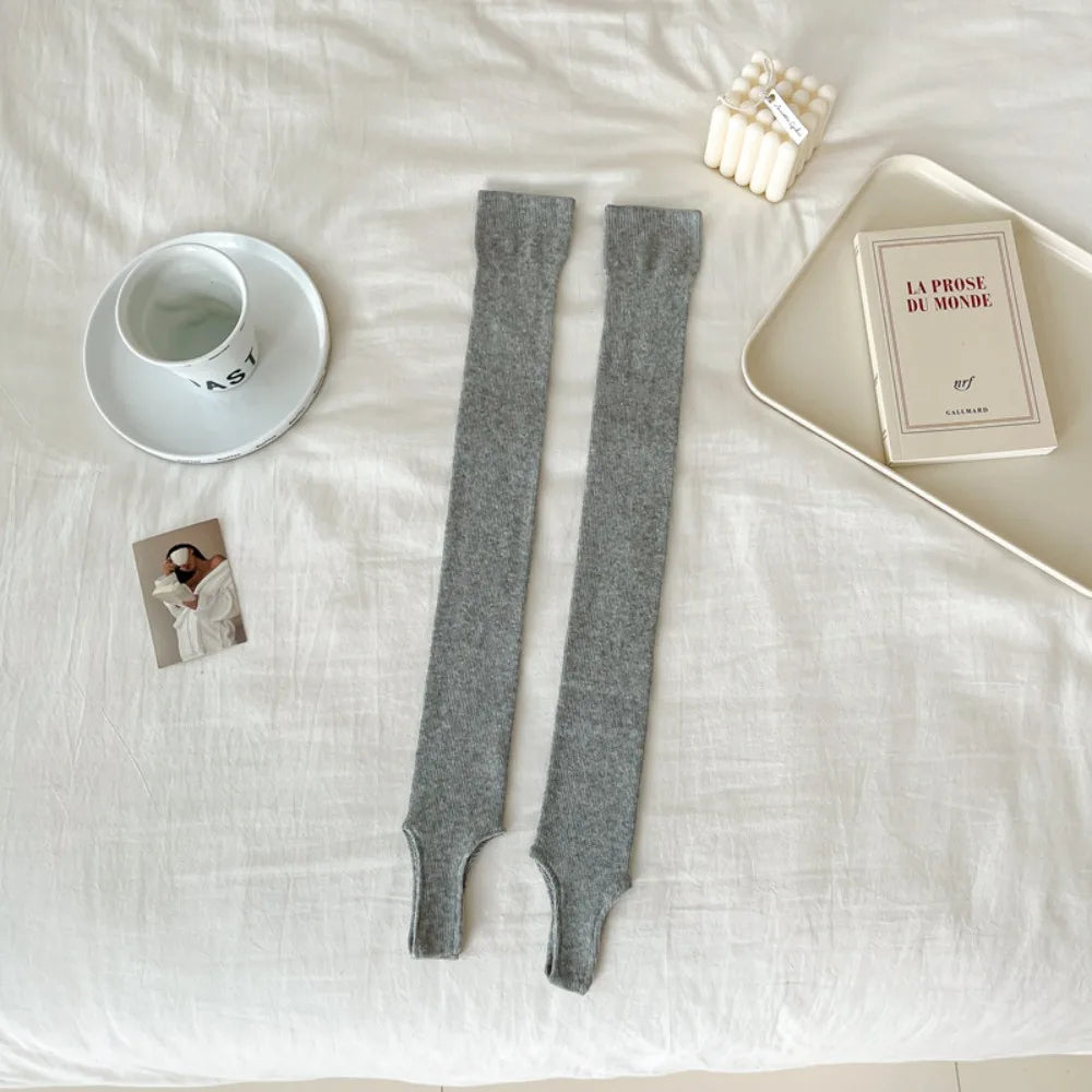 New Over Knee-High Women Stockings Thin Solid Color Long Knee Sock Breathable Cotton Long Knee High Socks Ladies Quake light grey One Size