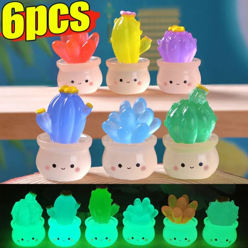 6/1Pcs Luminous Mini Cactus Figurines Cute Resin Succulents Plant Car Ornaments Toys Glowing Microlandscape Garden Decoration Quake