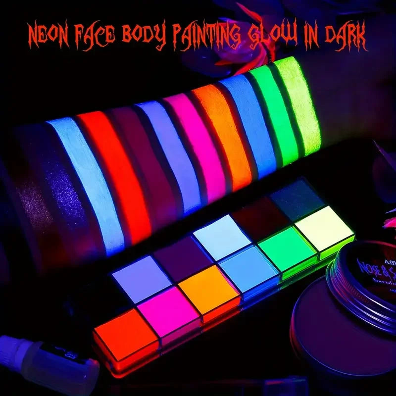 12 Colors UV luminated Face Body Paint Makeup Palette Waterproof Face Body Painting Kit Halloween Costume Role Play Body Makeup Quake