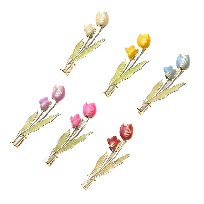 Fashion Korean Colorful Dripping Flower Hairpin Tulip Metal Duck Bill Bangs Girls Women Headwear Hair Styling Tools Accessories Quake