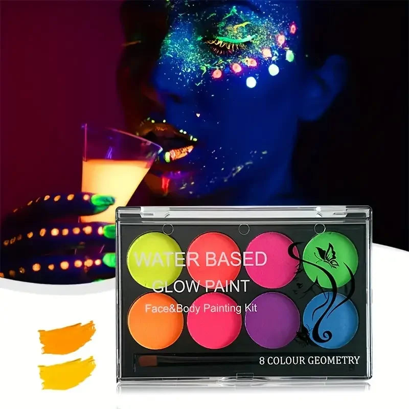 8 Color Water Face Paint Kit Fluorescent Neon Body Paint Glow Dark Fast Dry Body Skin Cosplay Makeup With Stencil And Brush Quake