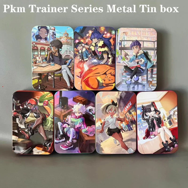 Official Pkm Trainer Series Metal Tin Box 7 Character Designs Marnie Raihan More Collectible Card Storage Box Gift for Kids Fans Quake