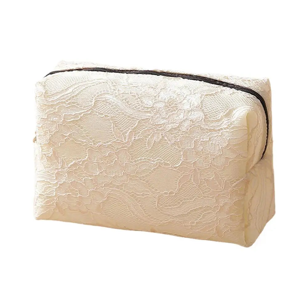 Lace Mesh Women's Makeup Bag Large Capacity Cosmetic and Jewelry Organizer Bag Zipper Square Portable Toiletry Bag Quake Beige