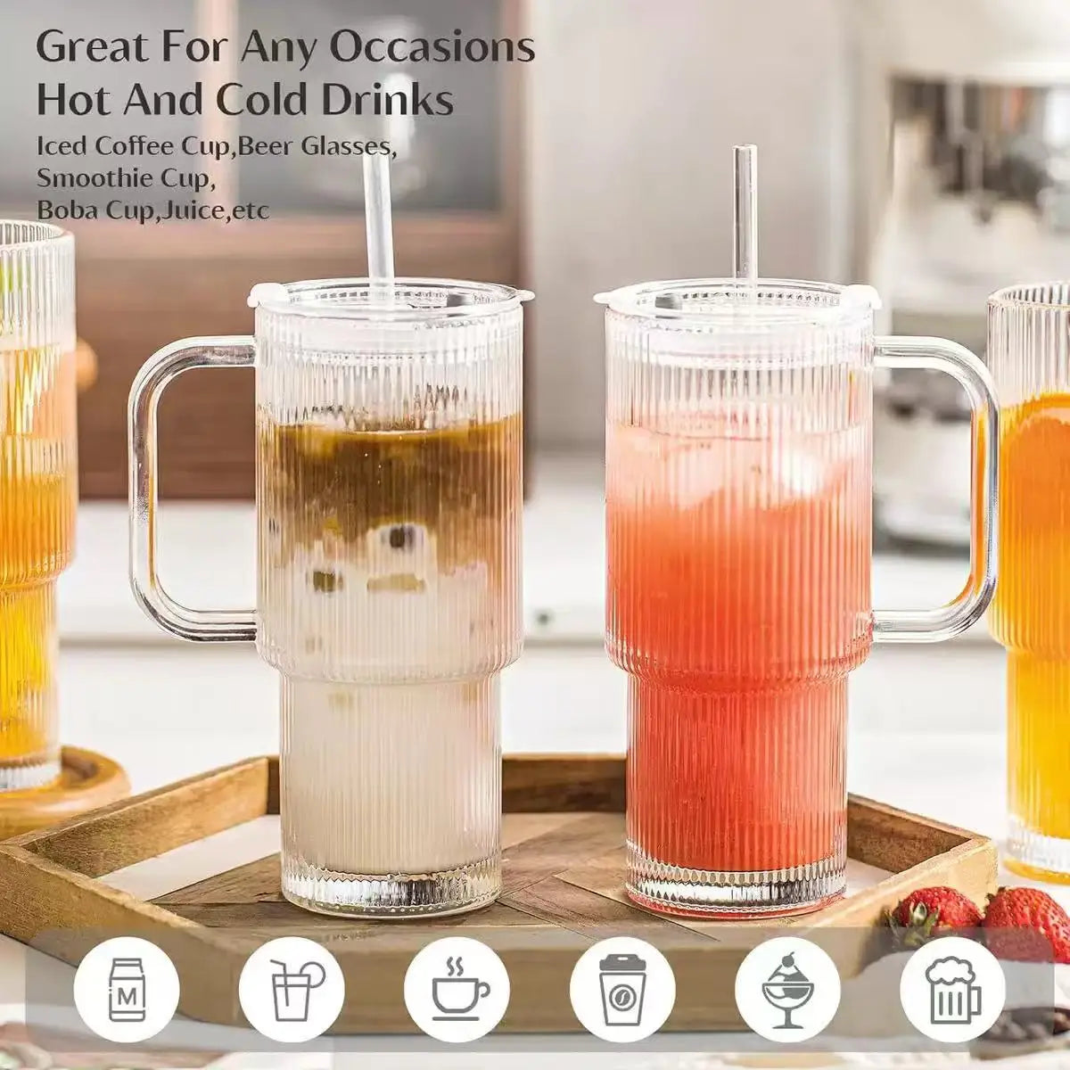 YWDL 760ML Ribbed Glass Tumbler with Handle And Lid Large Iced Coffee Cup with Straws for Cold And Hot Beverages 1/2 Set Quake
